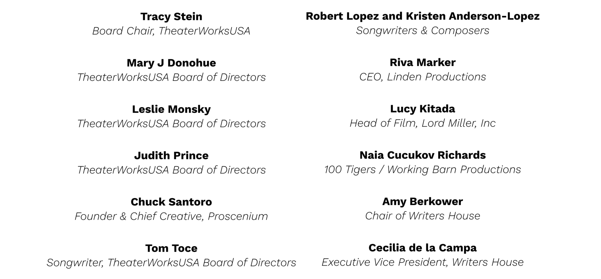 Tracy Stein, Board Chair, TheaterWorksUSA; Mary J Donohue, TheaterWorksUSA Board of Directors; Leslie Monsky, TheaterWorksUSA Board of Directors; Judith Prince, TheaterWorksUSA Board of Directors; Chuck Santoro, Founder & Chief Creative, Proscenium; Tom Toce, Songwriter, TheaterWorksUSA Board of Directors; Robert Lopez and Kristen Anderson-Lopez, Songwriters & Composers; Riva Marker, CEO, Linden Productions; Lucy Kitada, Head of Film, Lord Miller, Inc.; Naia Cucukov Richards, 100 Tigers/ Working Barn Productions; Amy Berkower, Chair of Writers House; Cecilia de la Campa, Executive Vice President, Writers House
